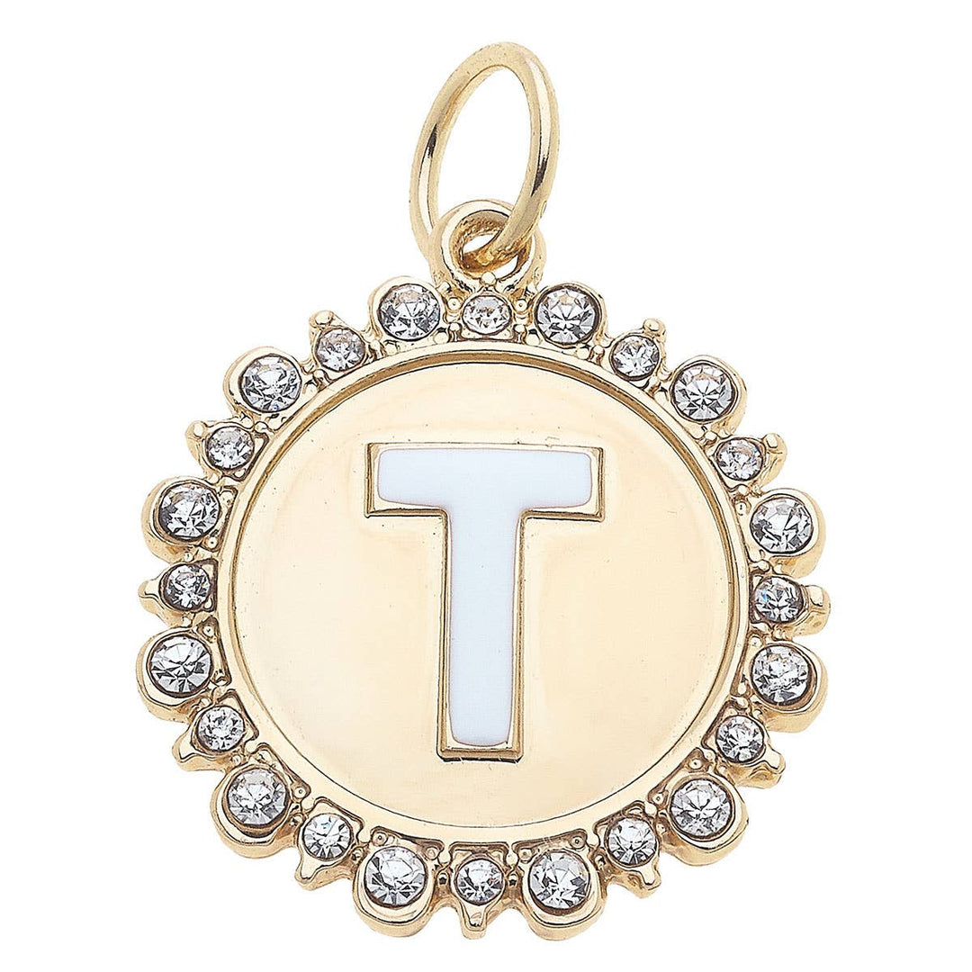 A shiny gold letter disc charm with the letter T in the center, surrounded by rhinestones.