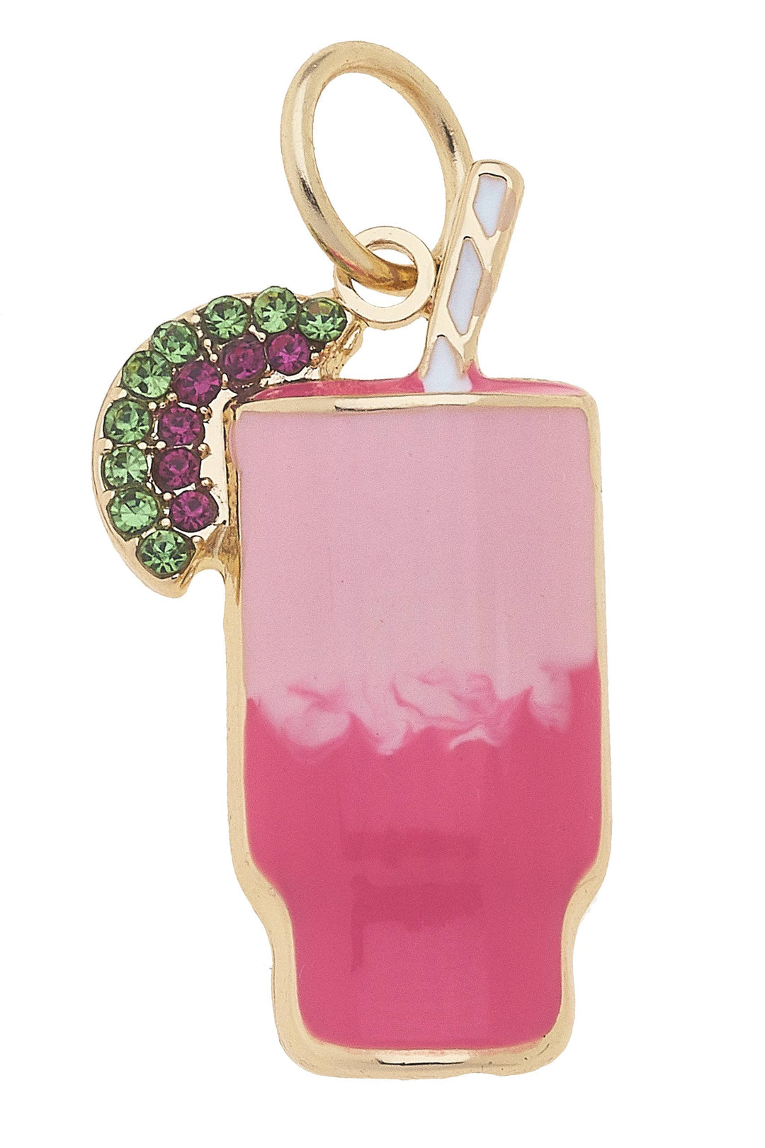 A gold-plated cocktail glass-shaped charm with pink ombre pave stones and a cluster of green stones at the top.