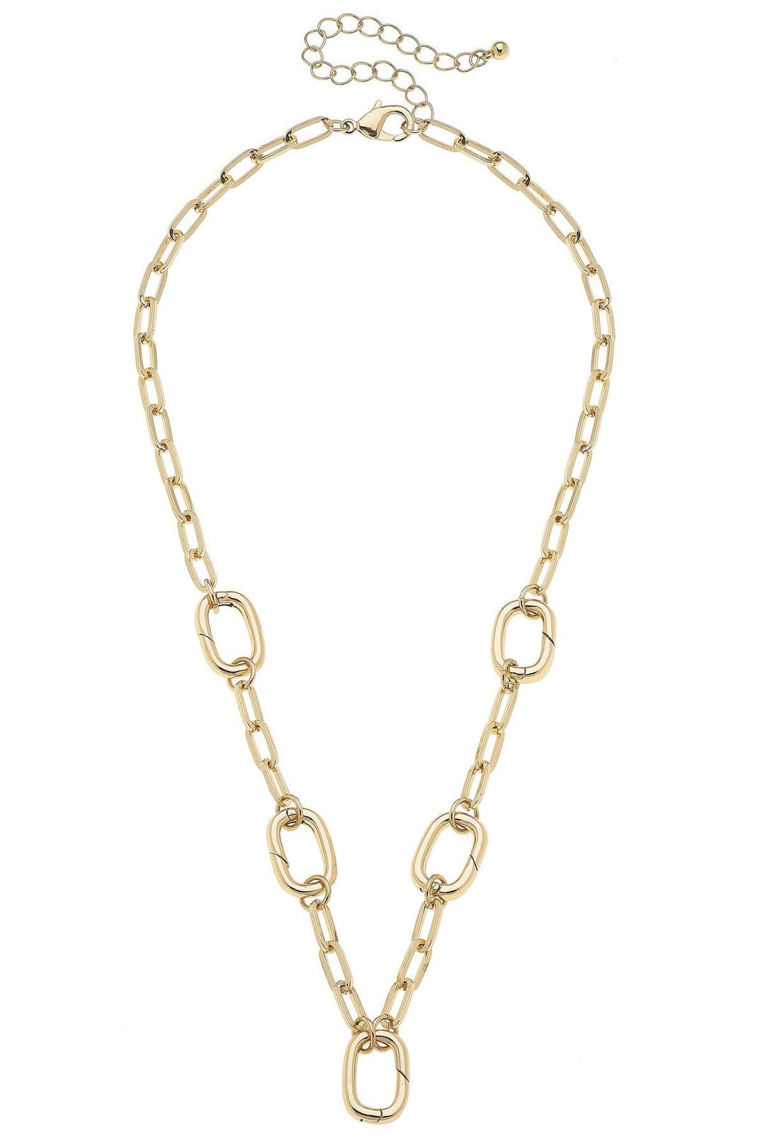 A shiny gold necklace base with a link chain design, intended for displaying multiple charms.