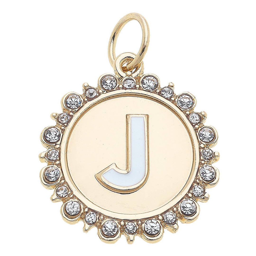 A shiny gold letter charm with the letter J surrounded by rhinestones.