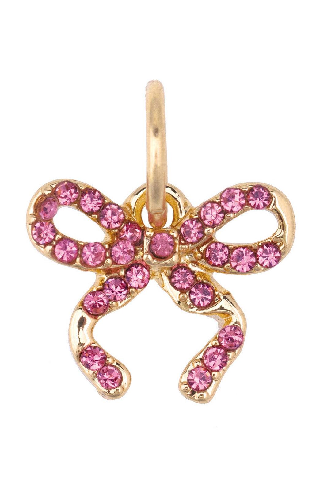 Gold bow-shaped pendant with pink gemstones on a white background