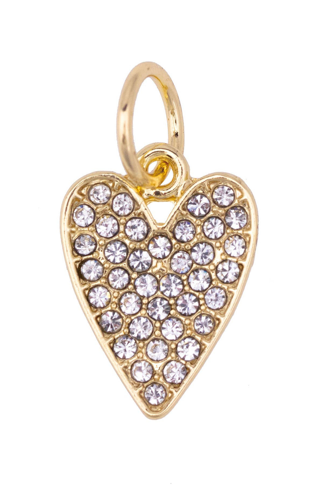 Gold heart-shaped charm pendant with clear stones on a white background
