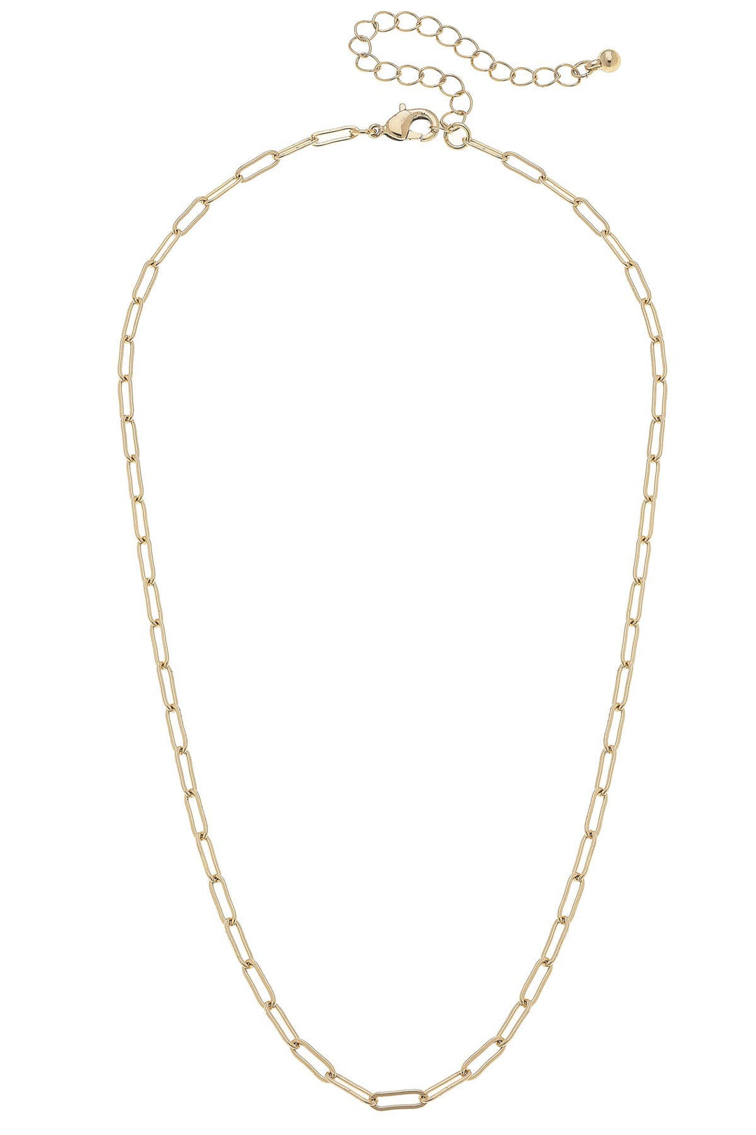 Gold paperclip chain necklace on a white background