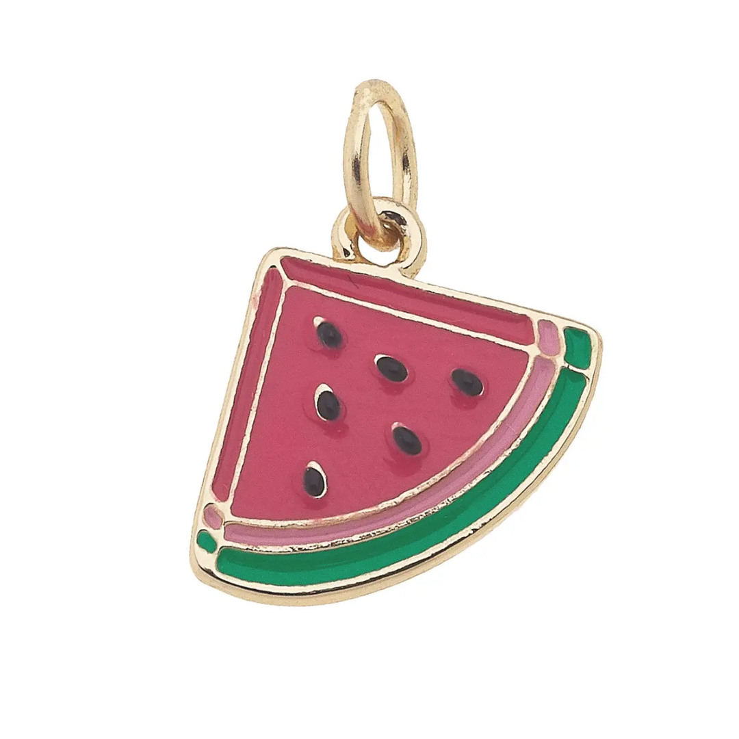 Gold watermelon slice charm on a white background