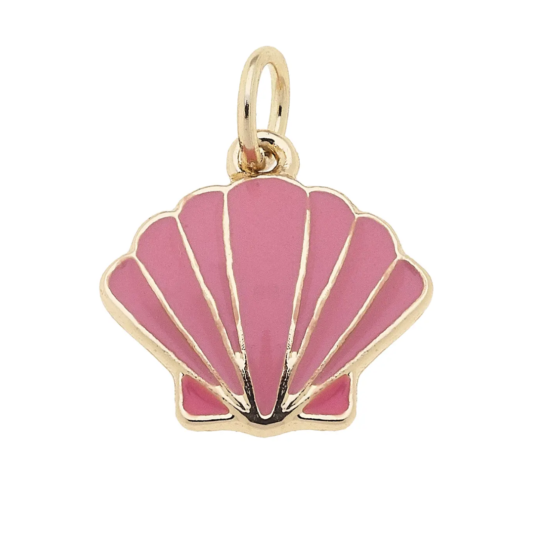 A charm featuring a soft pink clamshell design with a shiny finish, attached to a gold-colored ring on top.