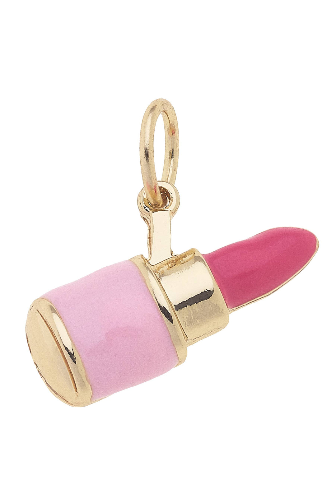 A pink and gold-colored 3-D lipstick charm with a realistic design