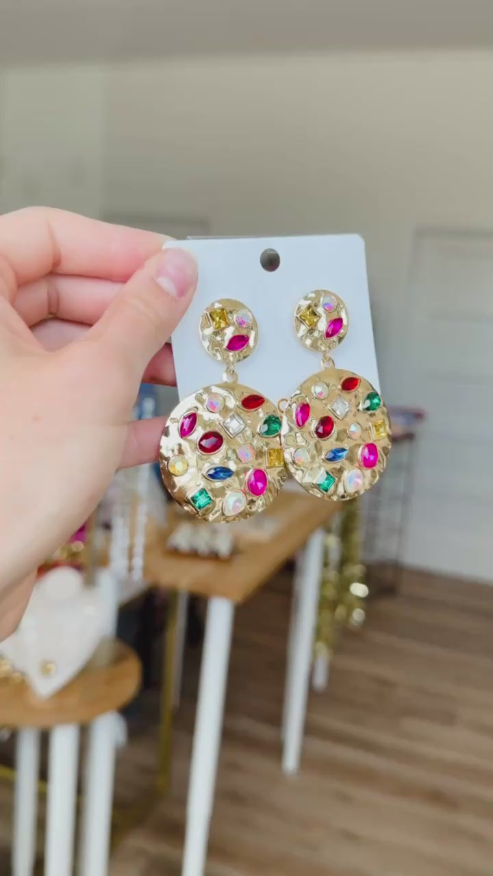 gold hammered round earrings with jewels