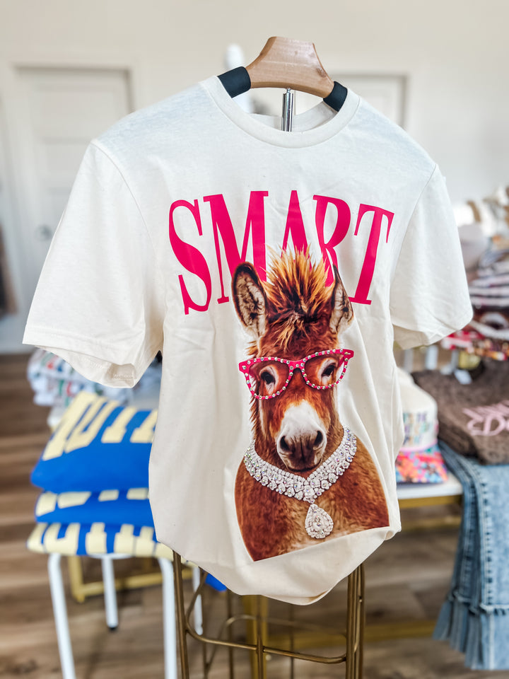 White t-shirt with a donkey graphic and &
