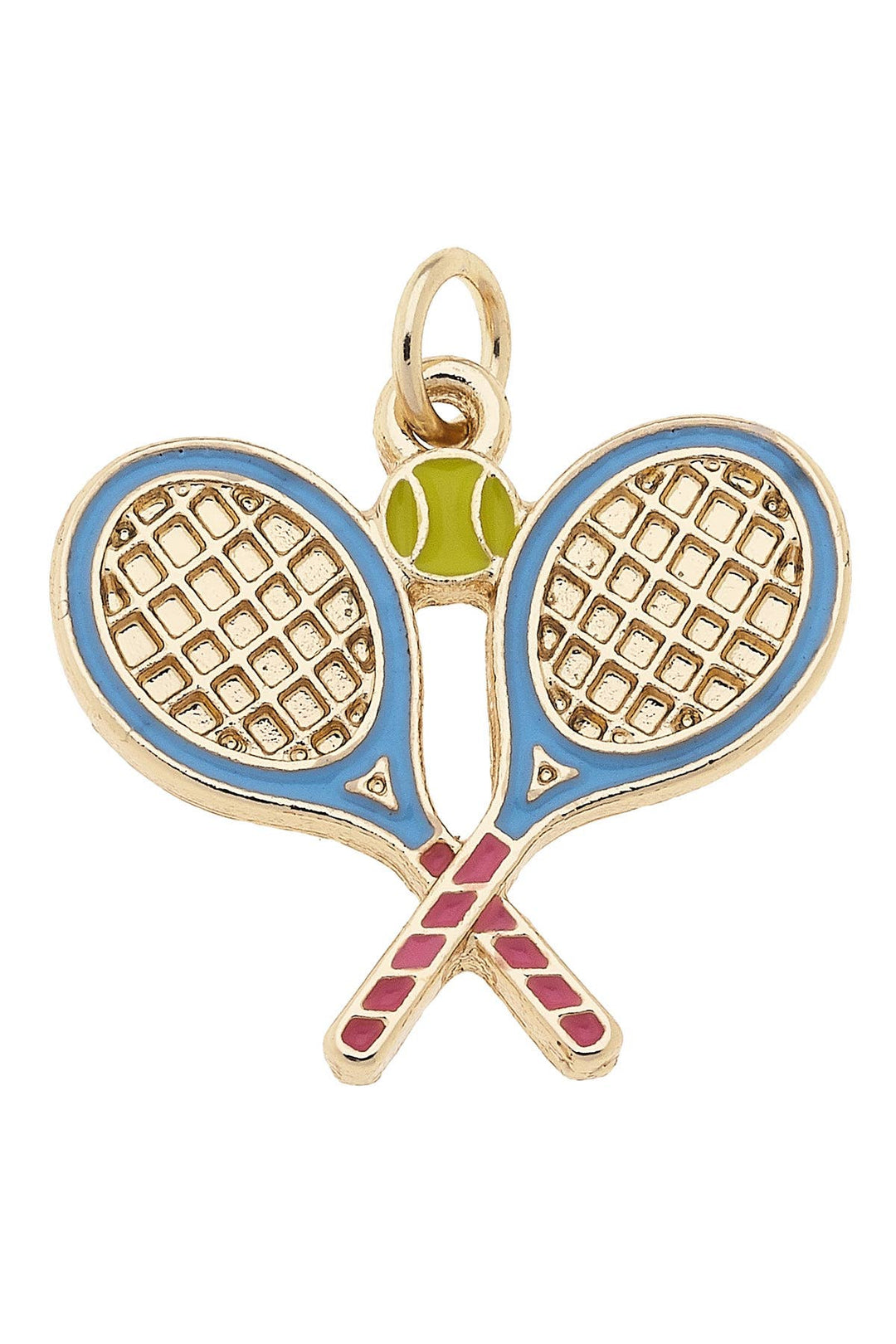 A light blue enamel charm featuring two crossed tennis rackets with a gold-colored outline and a tennis ball detail.