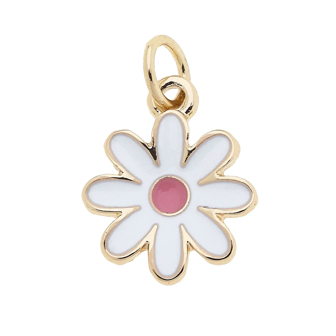 A white enamel flower charm with a gold plating, featuring a pink center.