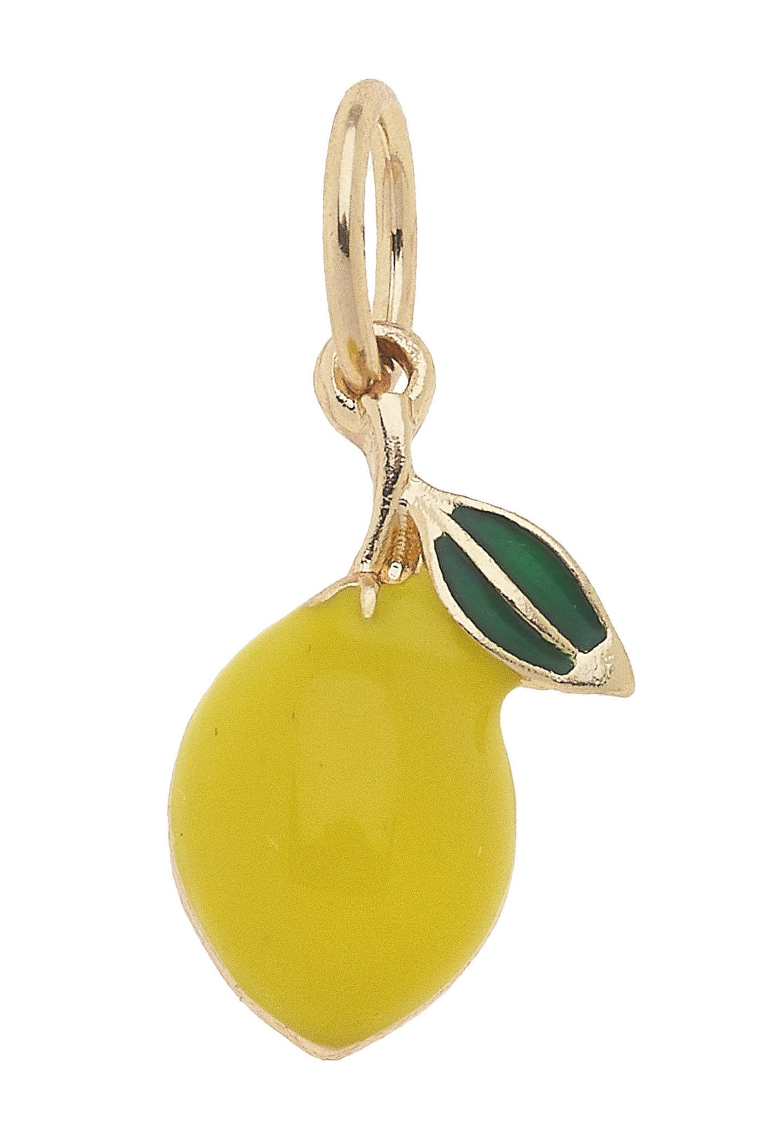 A three-dimensional yellow lemon charm with a green leaf, gold-plated stem and details.